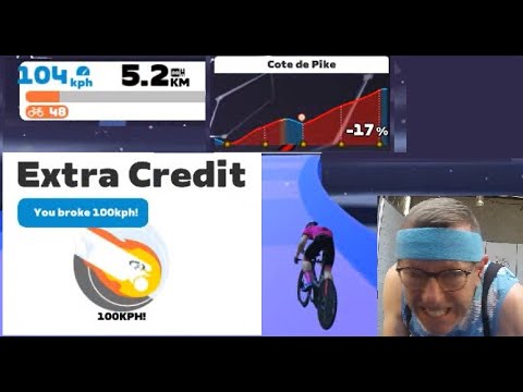 Getting the Zwift 100 kph extra credit badge is now 'easy peasy'. No more climbing mountains!
