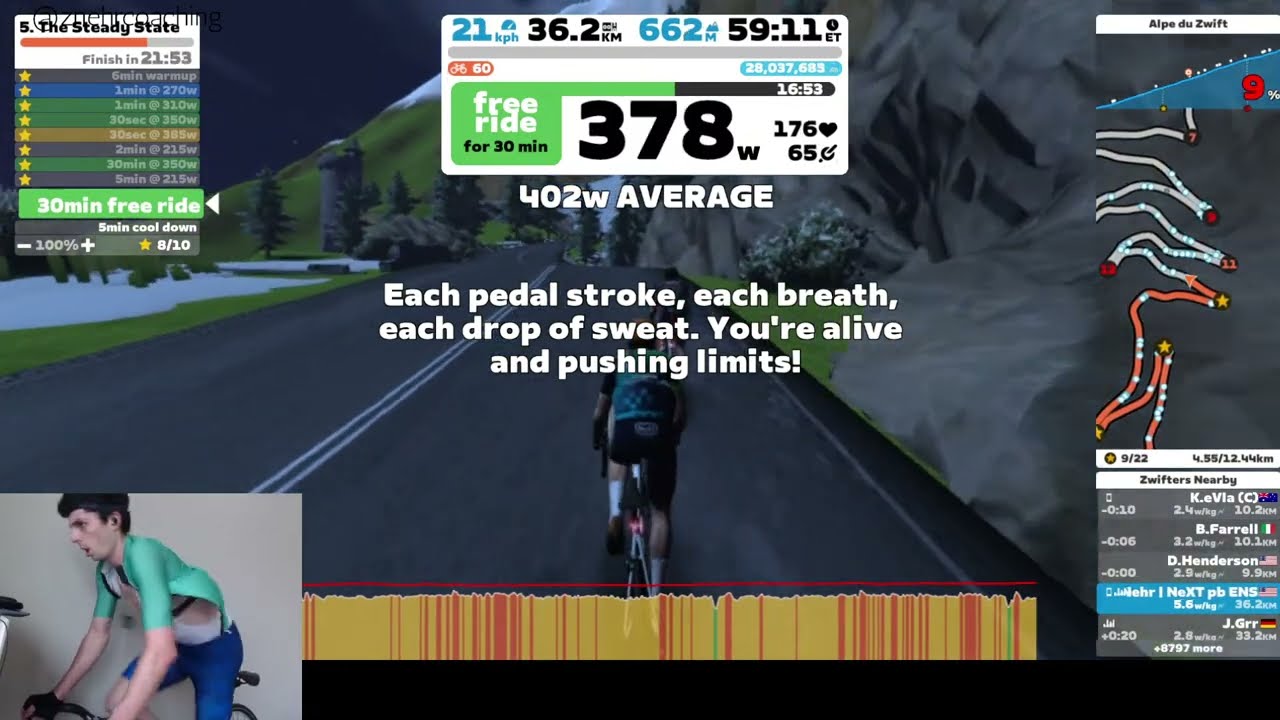 398W (5.9W/KG) for 30 MINUTES - Zwift Academy Workout #5 - Steady State