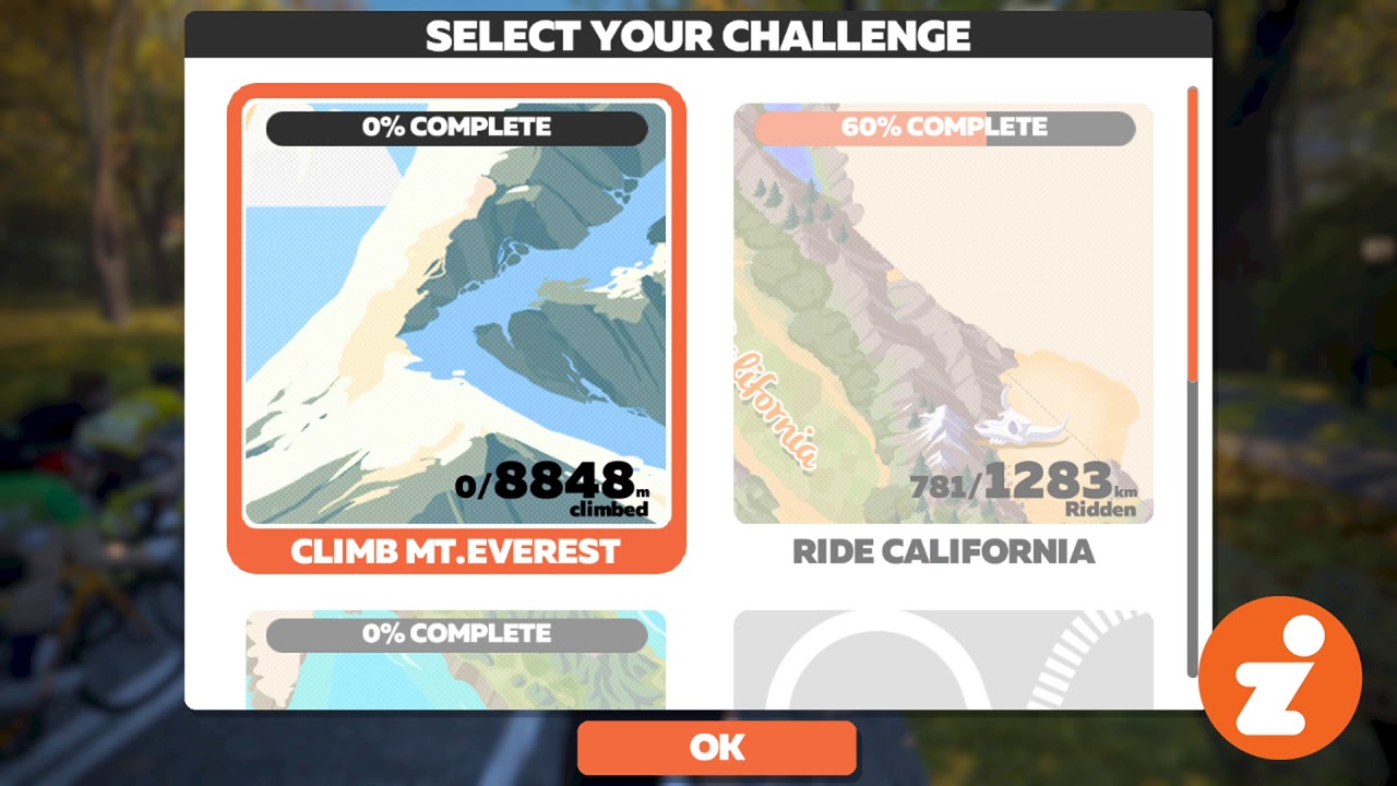 Selecting the "Climb Mt. Everest" (Tron) Challenge in Zwift
