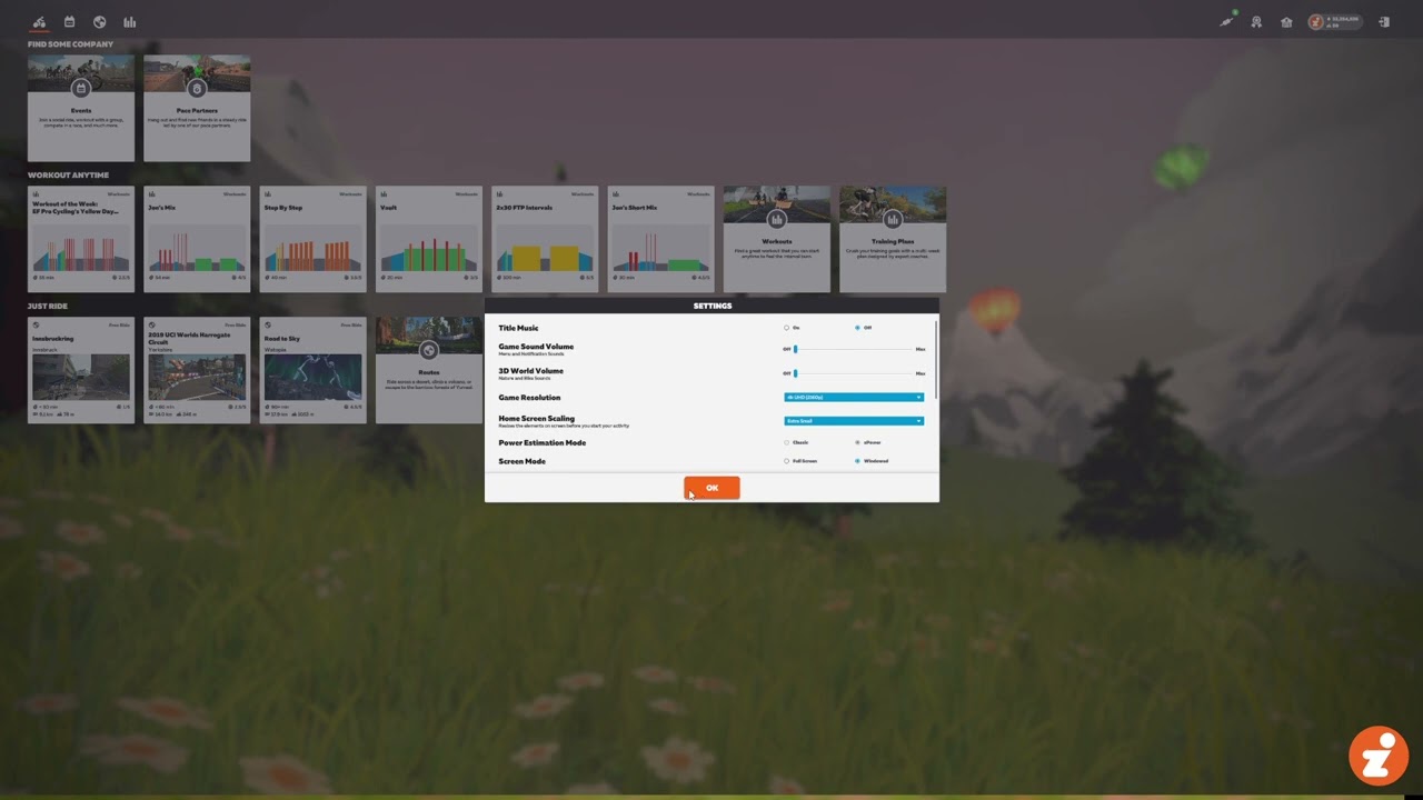 Home Screen Scaling option on Zwift's new Home Screen UI