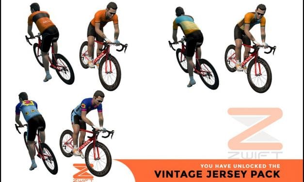 Three cyclists ride red bikes, each wearing different colorful vintage-style jerseys. The image shows front and back views of each cyclist, with an orange banner at the bottom reading You have unlocked the Vintage Jersey Pack.
