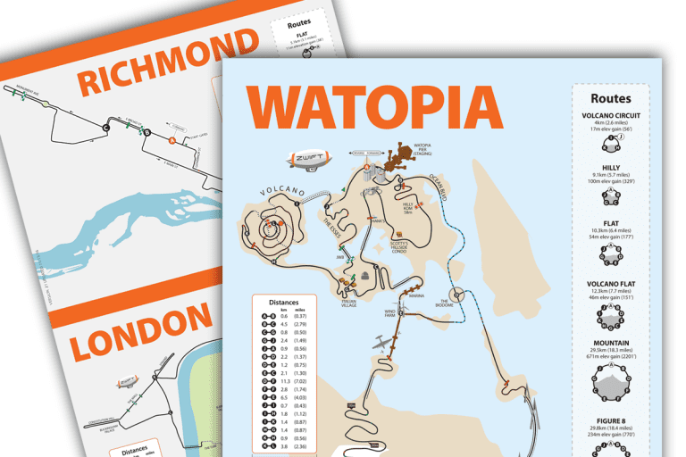 Watopia, Richmond, and London map posters in stock