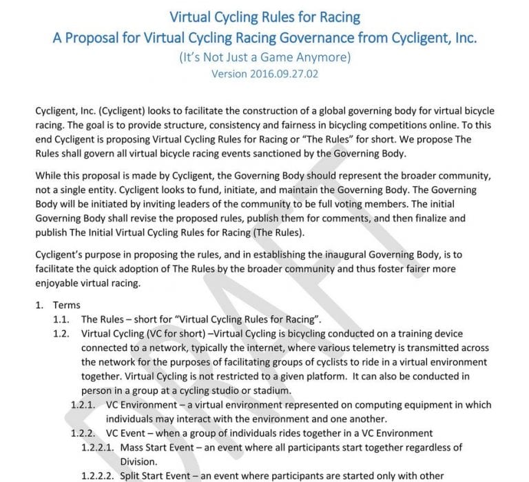 Cycligent proposes virtual cycling rules for racing