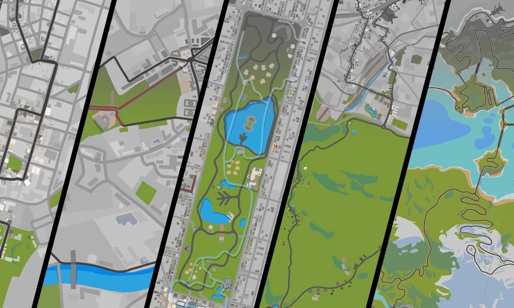 Split image showing five stylized map sections, progressing from dense urban streets on the left to green parks and open natural landscapes with water and winding roads on the right. Each section transitions smoothly into the next.