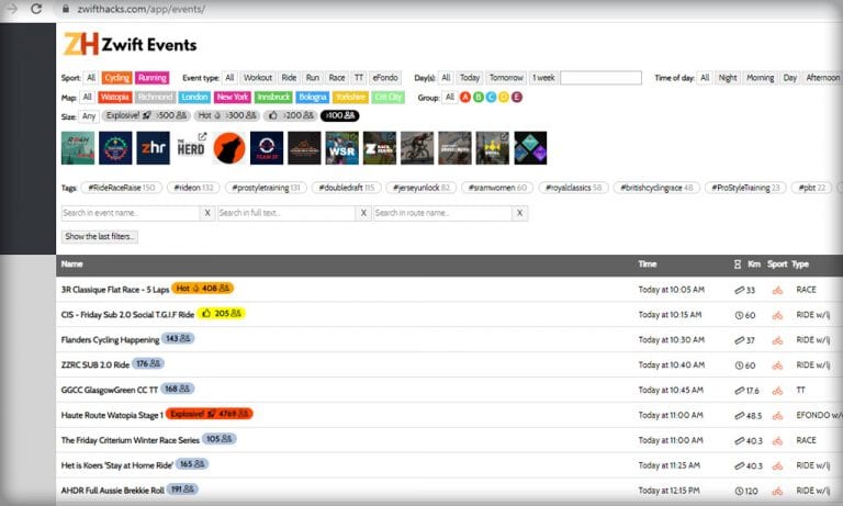 Find Zwift’s Most Popular Events with ZwiftHacks