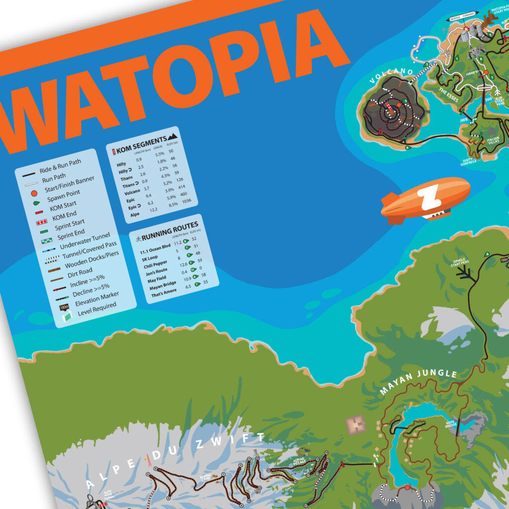 Watopia Map Poster v2.15 Now Shipping Zwift Insider