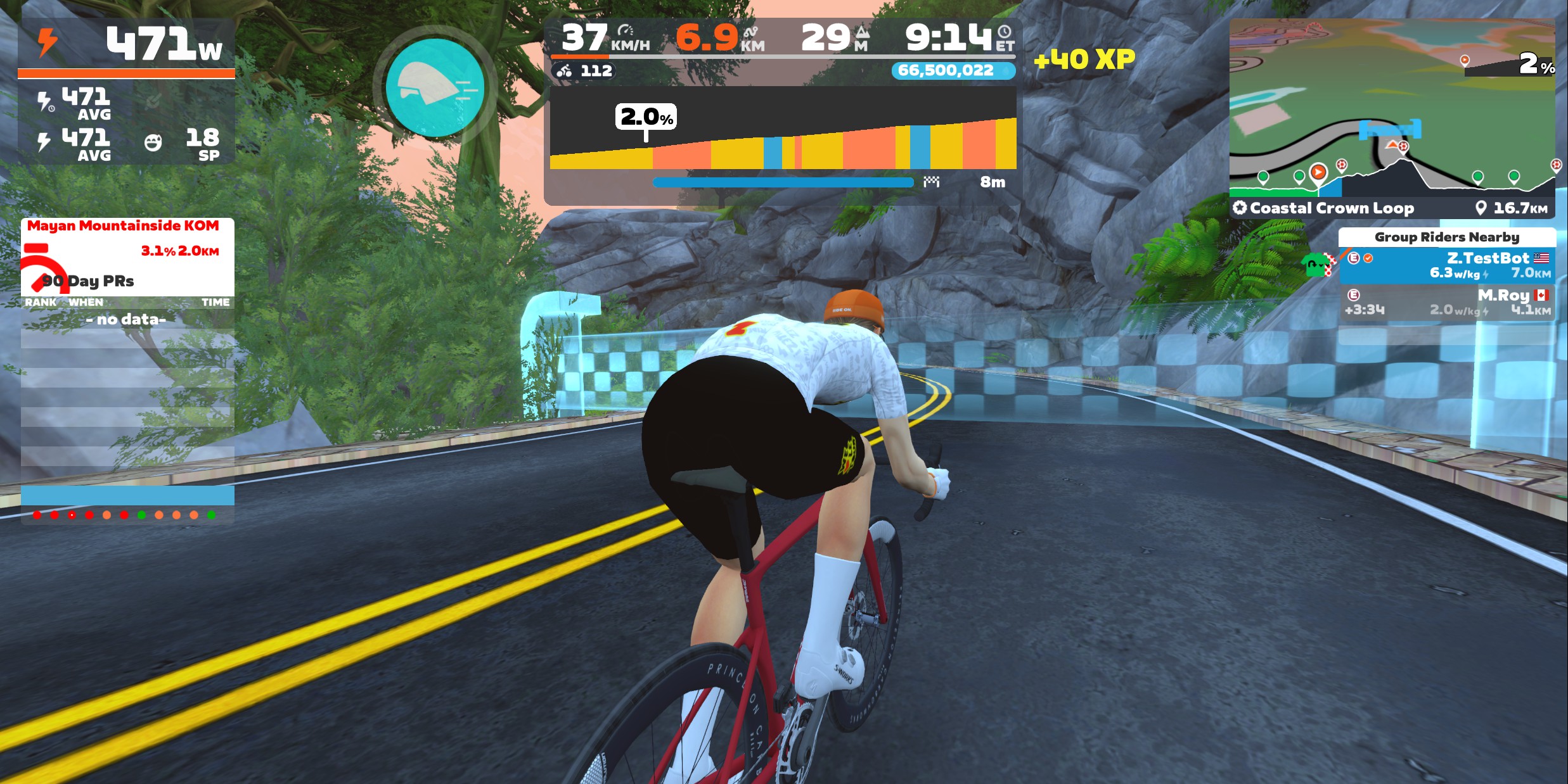 A first-person view of a cyclist in a virtual cycling game, showing ride metrics, a course map, and upcoming climb data on a digital heads-up display.