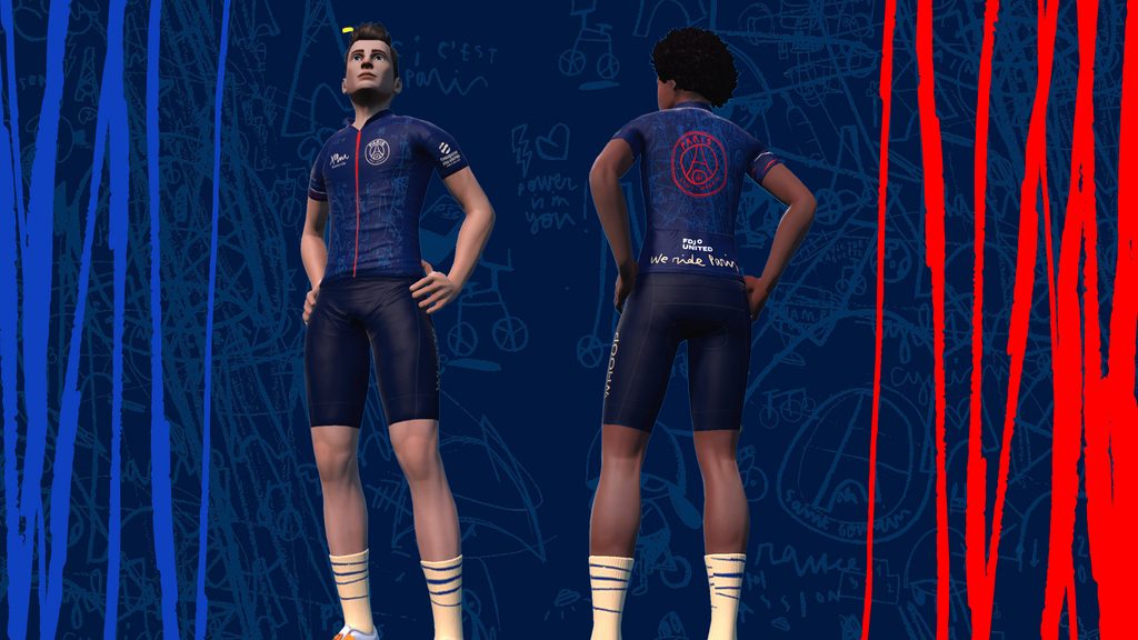 Two animated cyclists in blue and red uniforms stand back-to-back, with one facing forward and the other facing away. The background features blue and red vertical stripes and abstract sketches.
