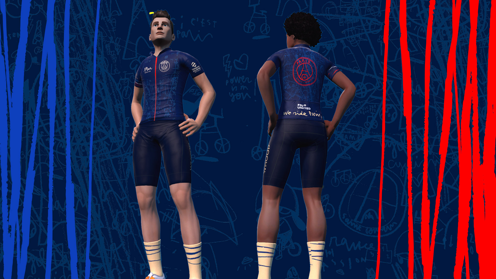 Two animated cyclists in blue and red uniforms stand back-to-back, with one facing forward and the other facing away. The background features blue and red vertical stripes and abstract sketches.