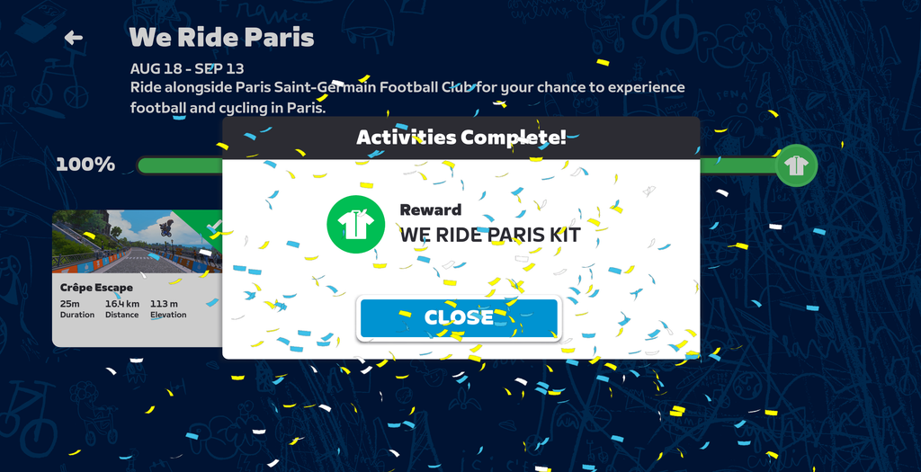 A digital screen shows We Ride Paris, with an activity completion message, confetti, and a reward for a We Ride Paris Kit. A cycling route is displayed on the left with stats.