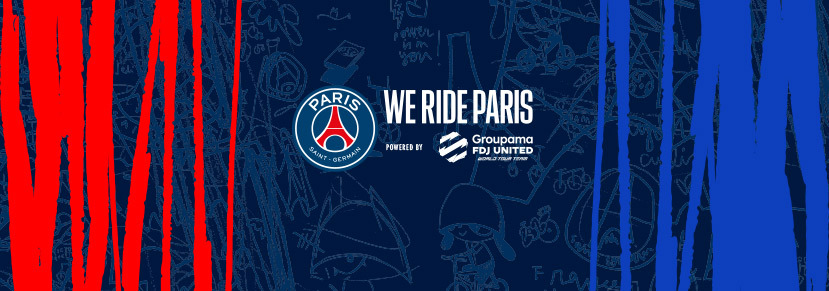 Paris Saint-Germain logo with We Ride Paris text and sponsors on a blue background with red and blue stripes and subtle graphic drawings.