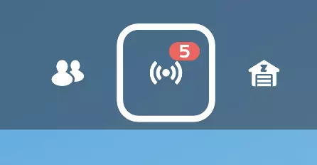 Three icons on a blue background: two people, a wireless signal with a red badge showing the number 5, and a house with a Z on its roof.