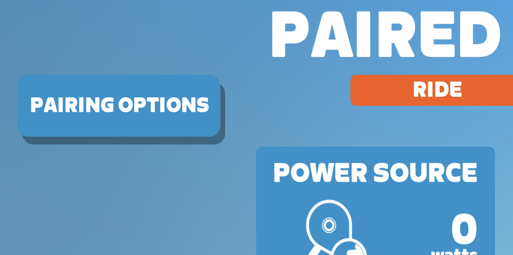 A digital interface with buttons labeled PAIRING OPTIONS, RIDE, and POWER SOURCE 0 watts on a blue background.