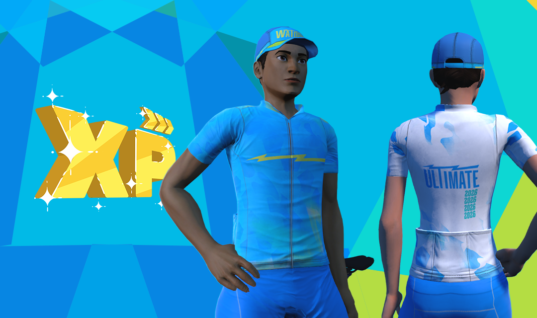 Two animated cyclists in blue uniforms and caps stand against a geometric blue background with a gold XP logo. One faces forward, the other shows their back with ULTIMATE and years listed.