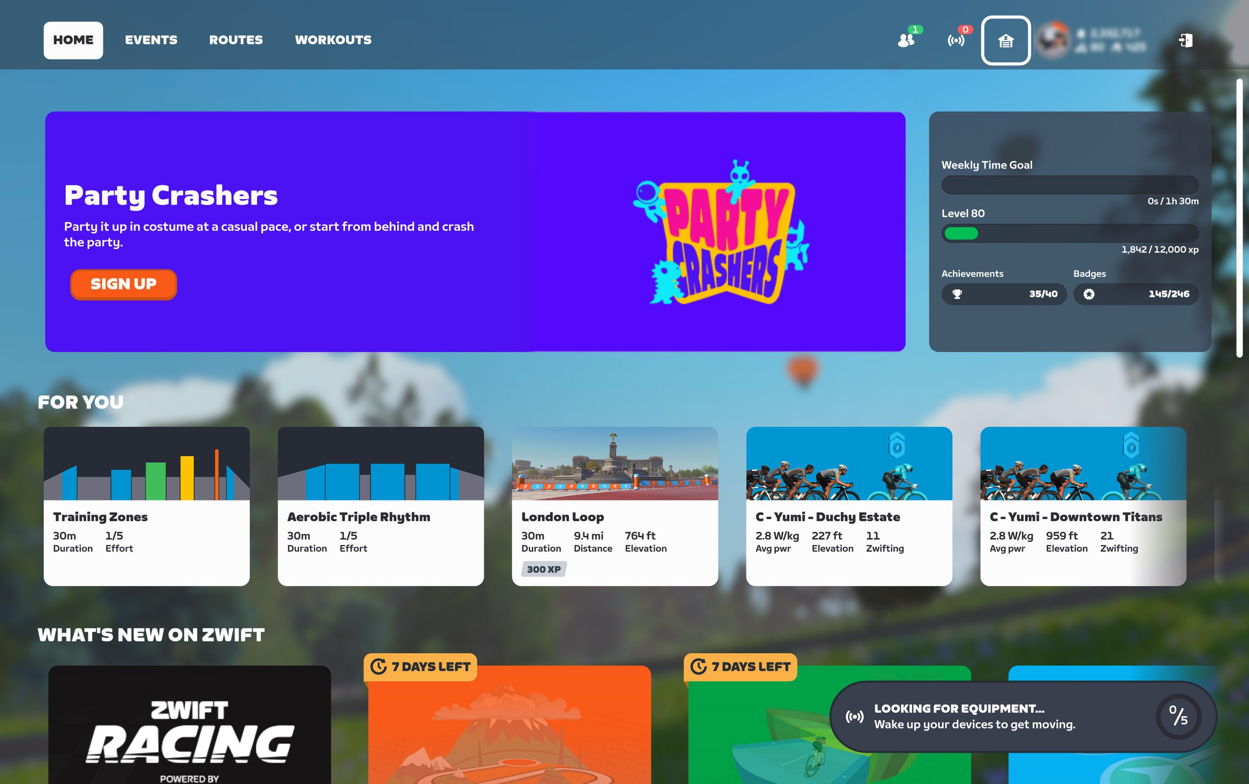 Zwift dashboard with bright Party Crashers event banner, weekly stats, ride suggestions, and event cards. Main navigation includes Home, Events, Routes, and Workouts. Widgets and announcements fill the screen.