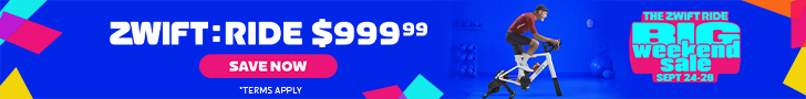ZWIFT-BigWeekend_728x90_EN-USD Zwift Ride $999.99 sale banner with a cyclist on a stationary bike, a Save Now button, and Big Weekend Sale Sept 21-25 text on a blue background with colorful shapes.