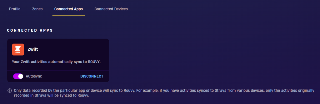 A dark-themed dashboard shows Zwift connected to ROUVY with autosync enabled. A notice explains only activities recorded by specific apps sync to ROUVY. Tabs for Profile, Zones, and Connected Devices are visible.