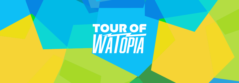 Tour of Watopia text centered on a colorful abstract background with overlapping blue, yellow, and green geometric shapes.