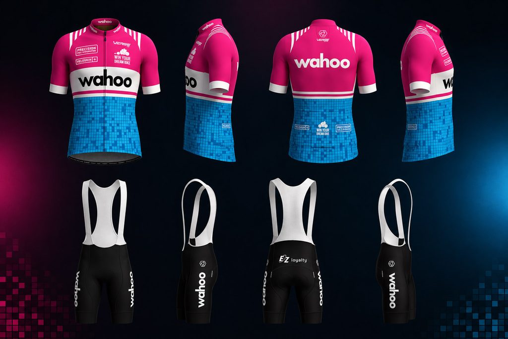 Six angles of a cycling kit: bright pink and blue short-sleeve jersey with wahoo text, paired with black bib shorts featuring white straps and wahoo branding on the leg.