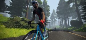 A cyclist in a helmet and jersey rides a light blue road bike on a forested mountain road.