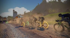 A group of cyclists rides along a dusty dirt road in a virtual simulation, with some bikes featuring glowing yellow and green wheels.