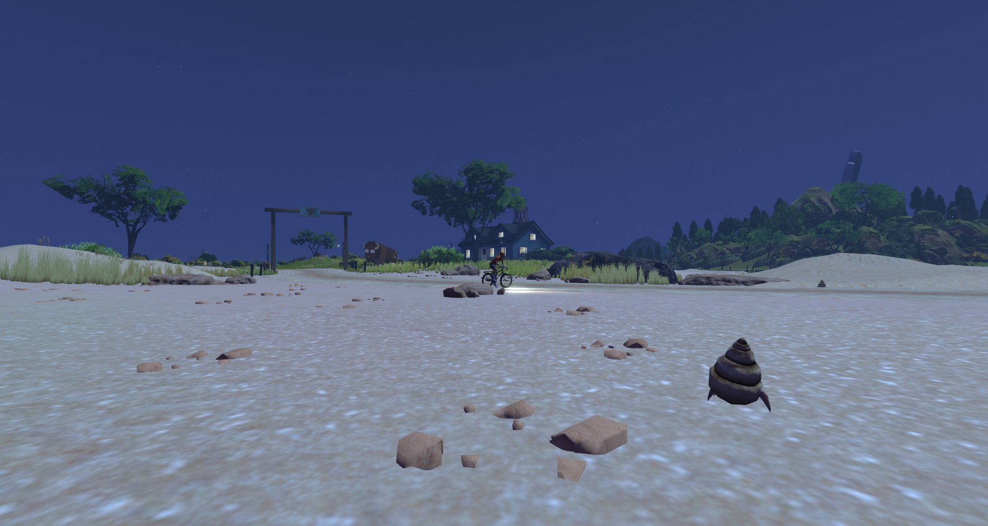 A person riding a bicycle with a headlight on at night in a landscape with a house and a large snail shell.