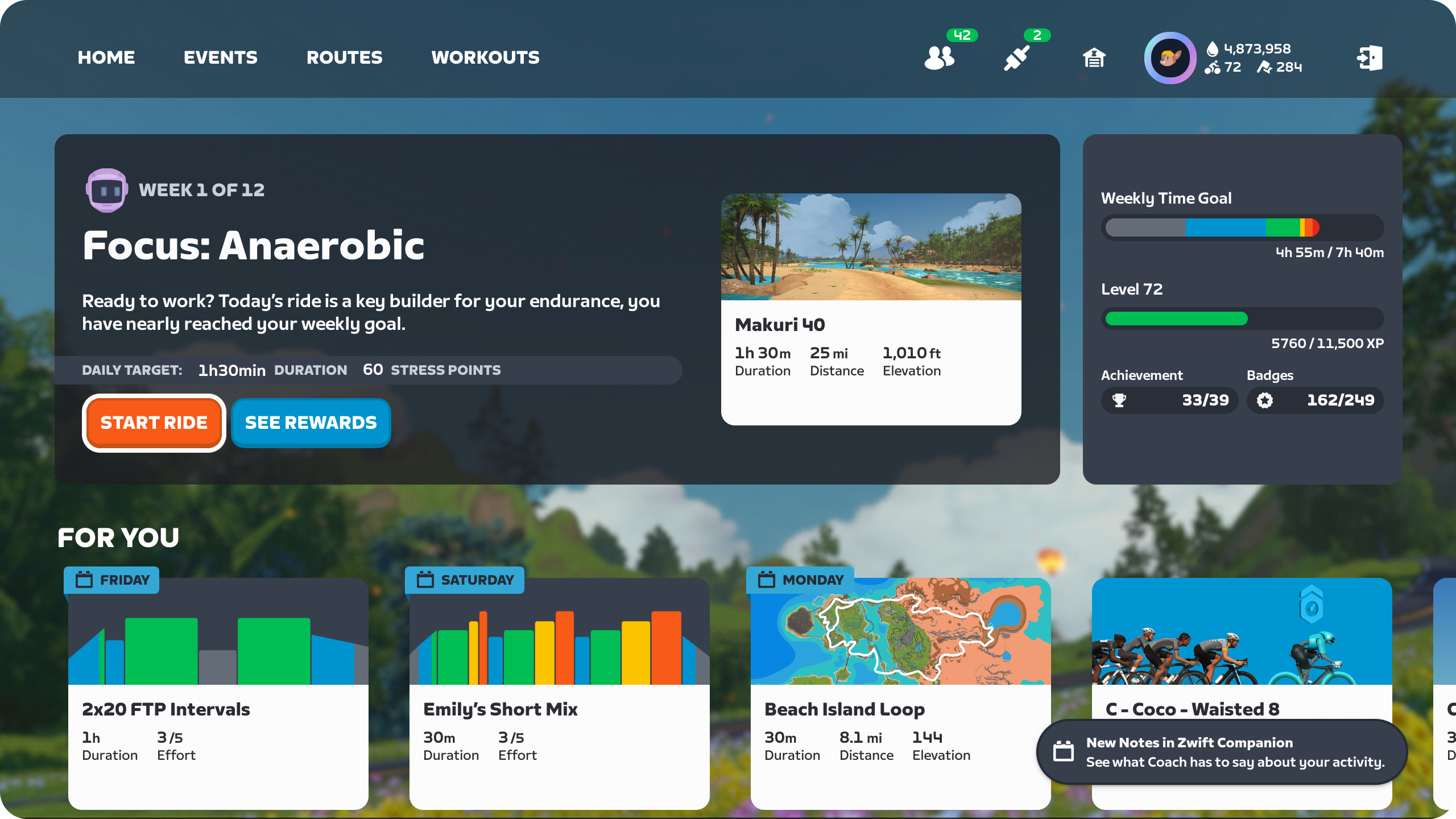 Zwift dashboard interface showing a cycling workout plan, daily targets, weekly goals, and a list of upcoming suggested rides.