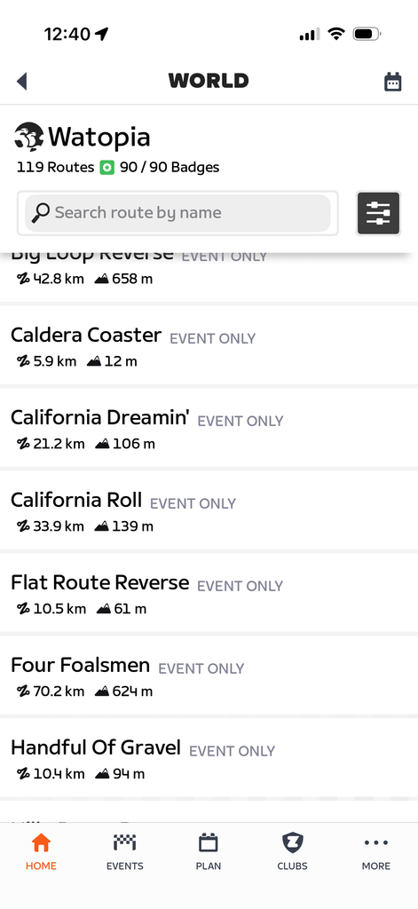 A list of cycling routes in the Watopia world, each labeled as Event Only with distance and elevation gain statistics.