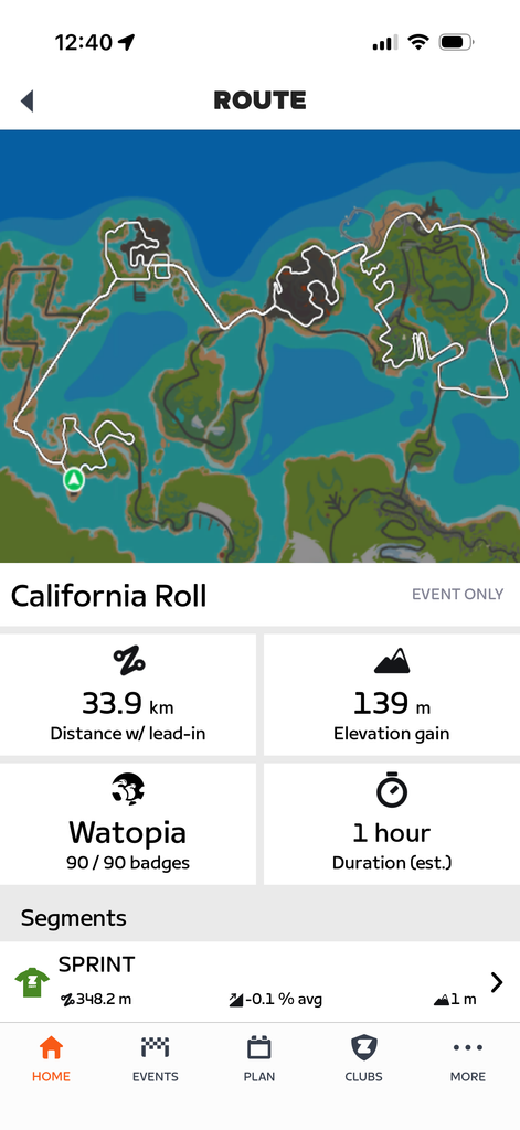 Route map for the California Roll cycling event, showing a 33.9 km distance, 139 m elevation gain, and an estimated 1-hour duration.