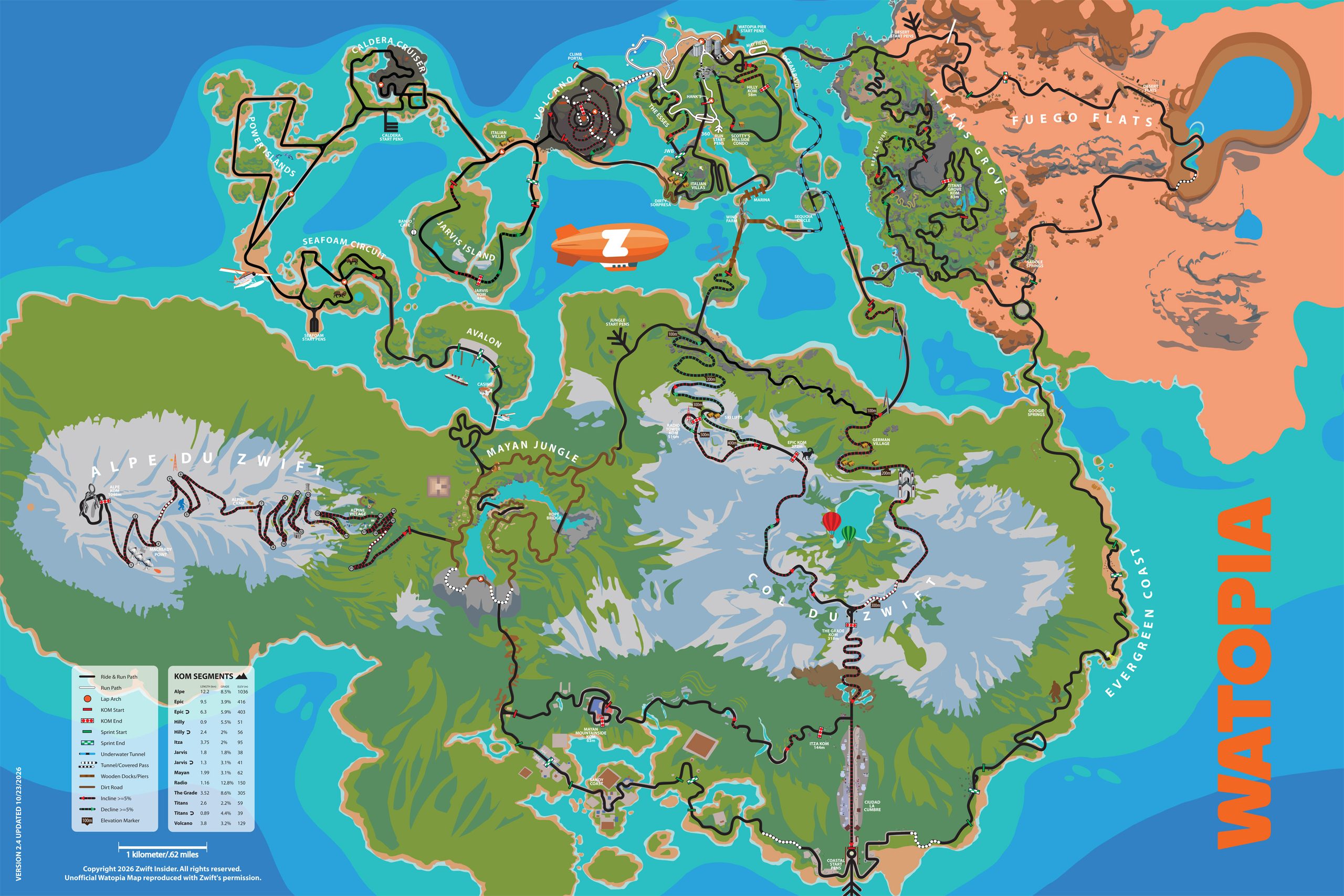 A detailed digital map of the virtual world Watopia, showing cycling and running routes, mountains, islands, and key landmarks connected by a network of roads.