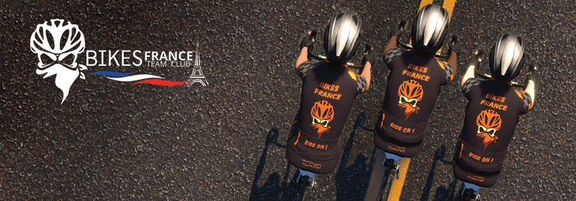 Three cyclists wearing matching Bikes France team jerseys ride in a line on a paved road, next to the Bikes France Team Club logo featuring an Eiffel Tower icon.