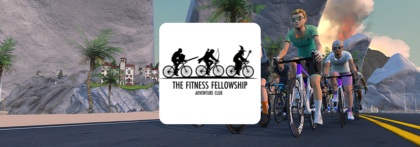 A group of cyclists ride along a coastal road, overlaid with a logo featuring silhouettes of a cyclist, an archer, and a wizard on bicycles above the text The Fitness Fellowship Adventure Club.