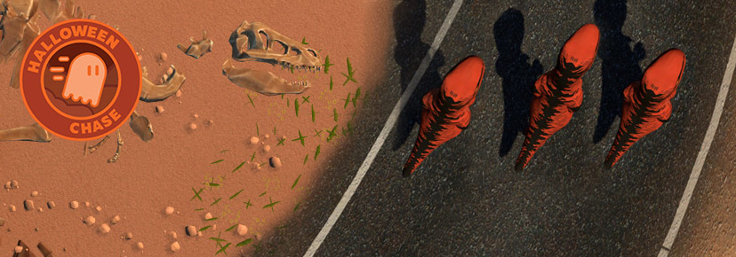 Three red tyrannosaurus rex models seen from above walking on an asphalt road next to a sandy area with scattered dinosaur bones and a Halloween Chase circular graphic.