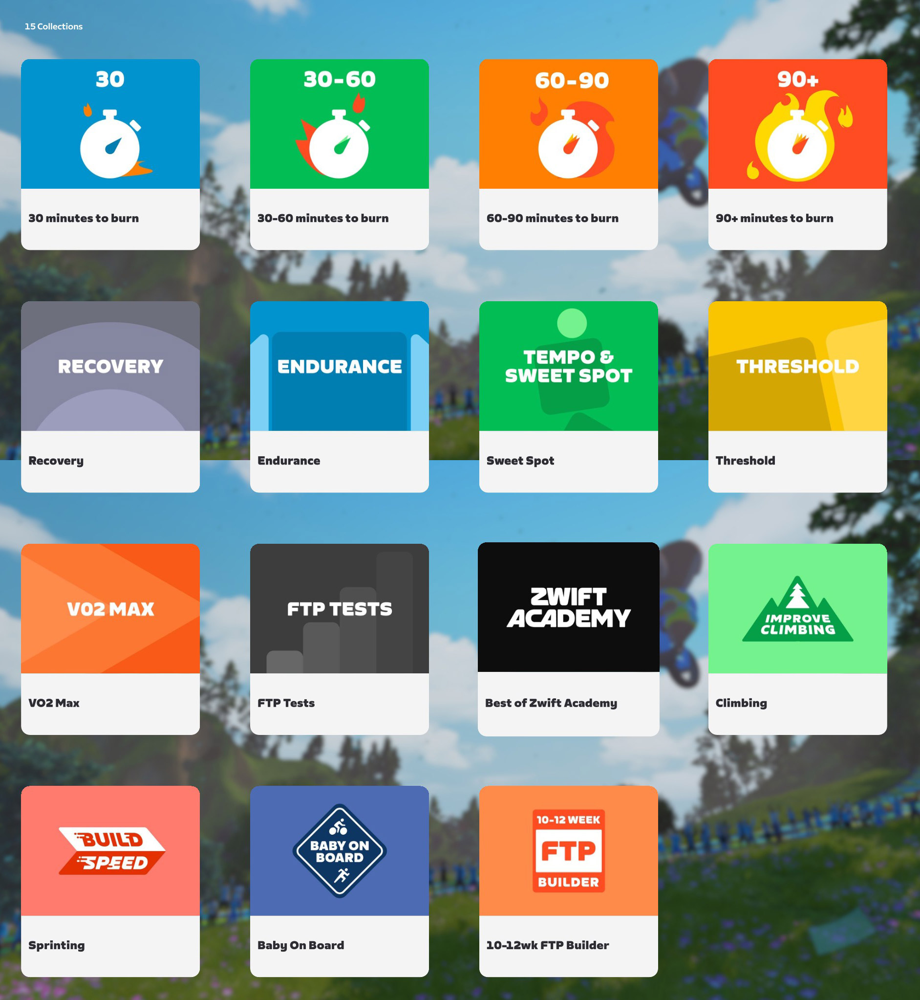 A grid of 15 square tiles representing different cycling training categories, each with an icon and a text label including: 30 to 90+ minutes to burn, Recovery, Endurance, Sweet Spot, Threshold, VO2 Max, FTP Tests, Zwift Academy, Climbing, and others.
