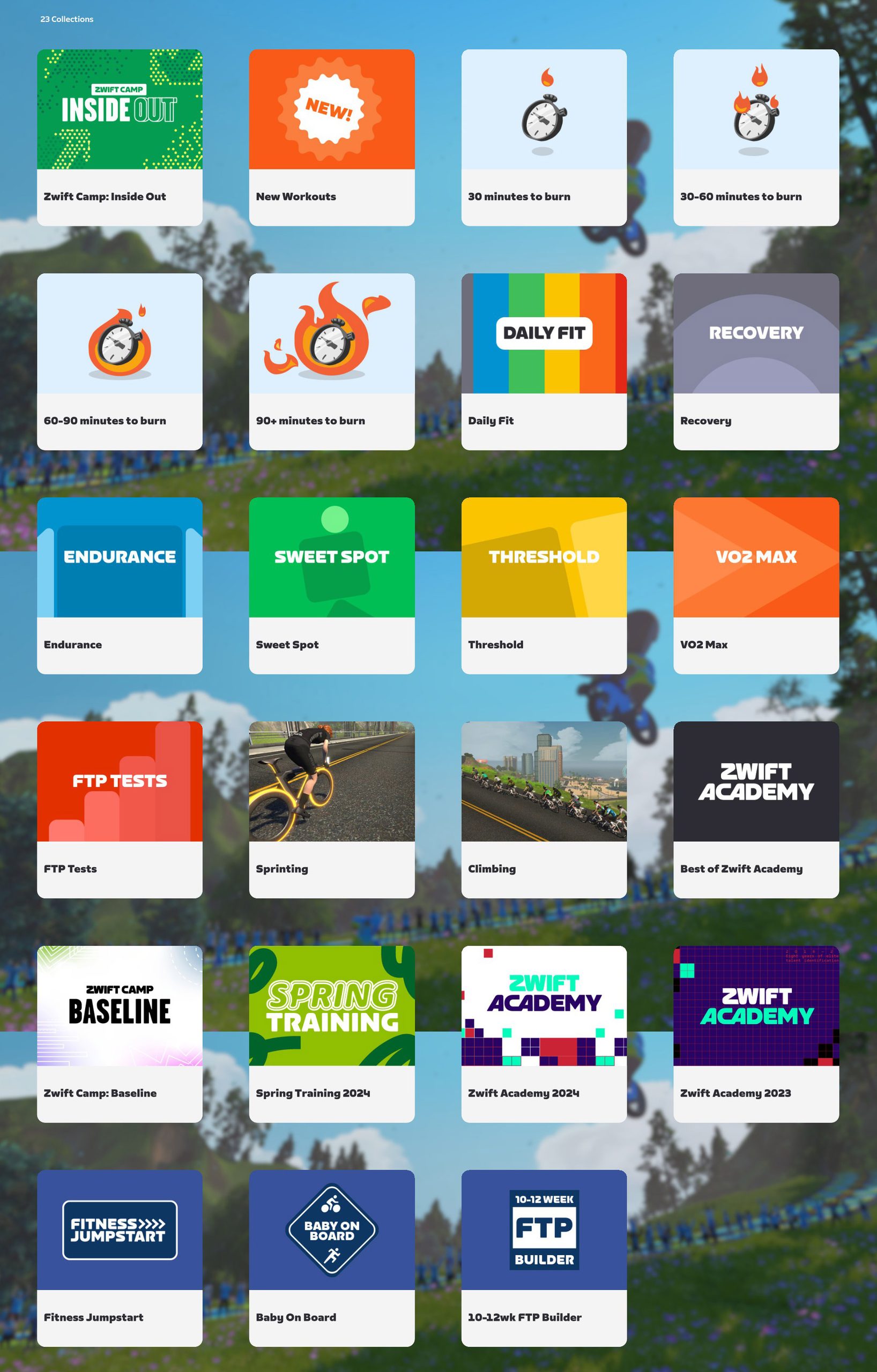 A grid of twenty-four workout program thumbnails, each labeled with titles like Zwift Camp, Daily Fit, Endurance, and FTP Builder.