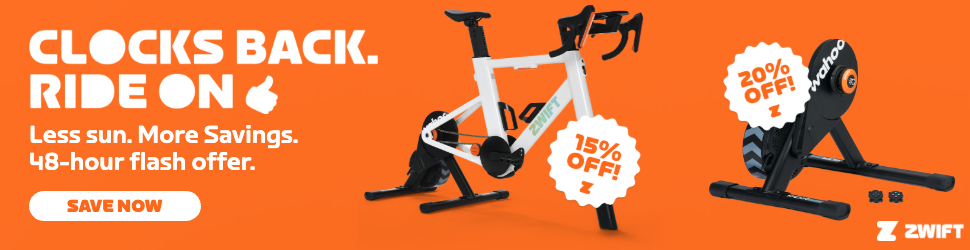 Promotional banner for a 48-hour flash sale featuring a Wahoo indoor bike and trainer with 15% and 20% off stickers, accompanied by the text Clocks back. Ride on. Less sun. More savings. and a Save now button.